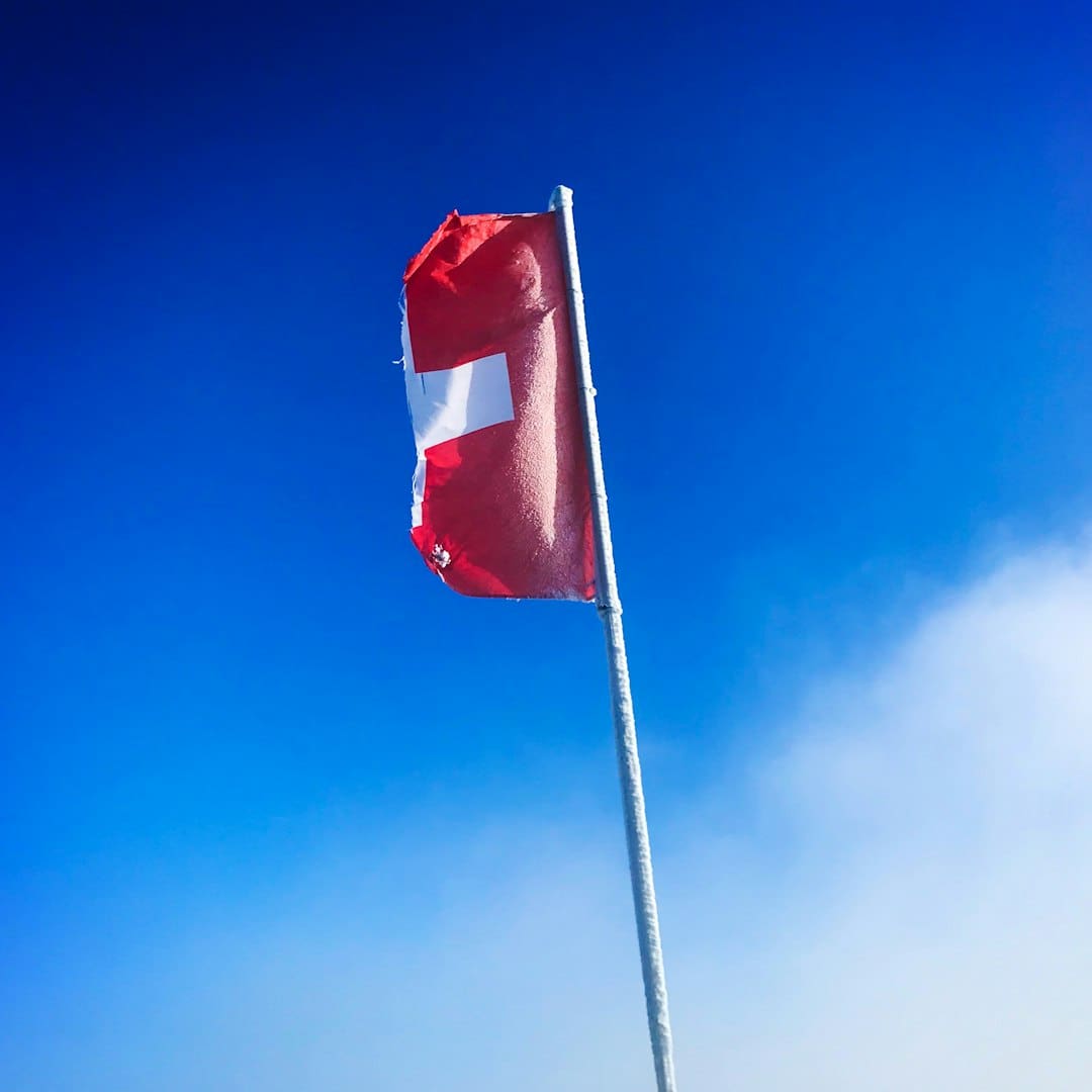 BC service dog — red and white flag on pole under blue sky during daytime