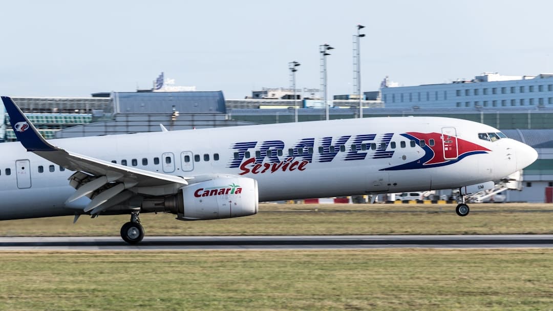 cross-border service dog — a large passenger jet taking off from an airport runway